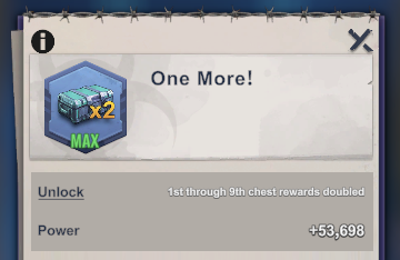 Alliance Recognition upgrade screen showing doubled chest rewards and power gain